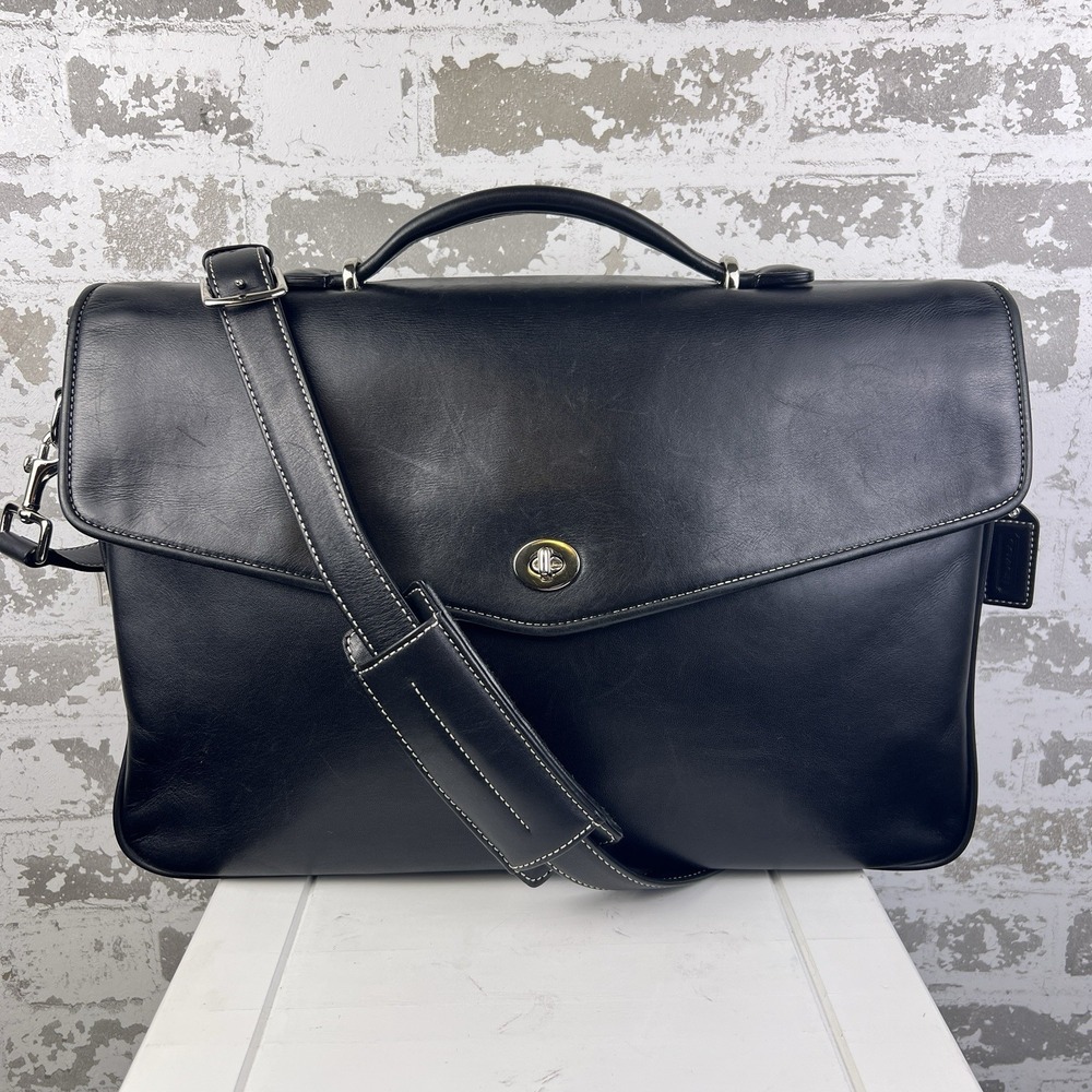 Coach Black Leather Briefcase 6457 Shoulder Strap Unisex Business Messenger Bag